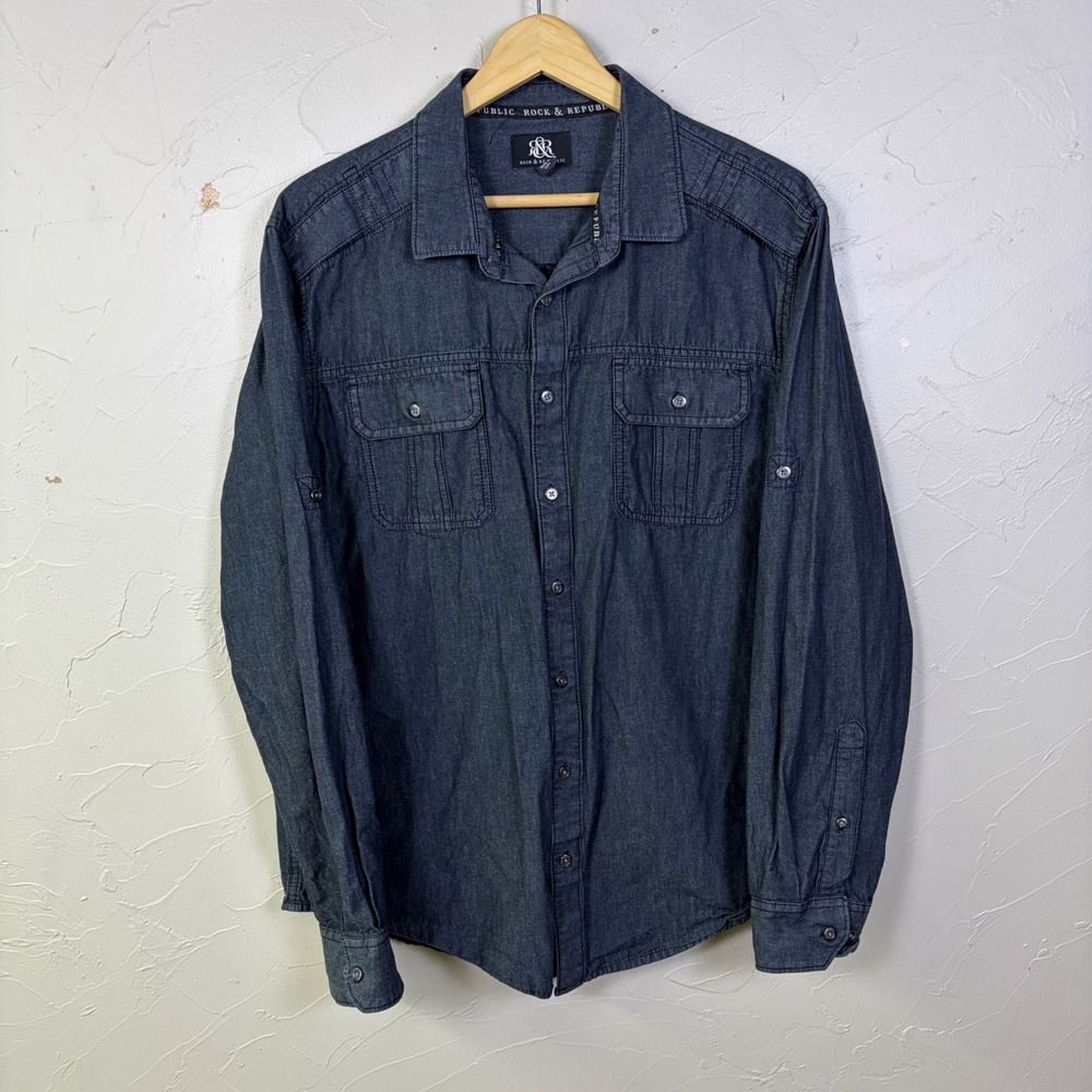 Rock Republic Button Down Shirt Mens XL Black Denim Long Sleeve Roll Tab Edgy